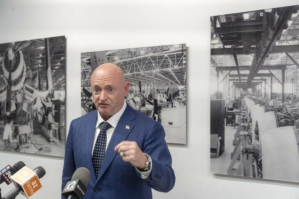 Sen. Mark Kelly, D-Ariz., talks to the media after a talk with West Valley Mayor and others about how legislation making its way through the Senate could impact West Valley projects in June 2021.