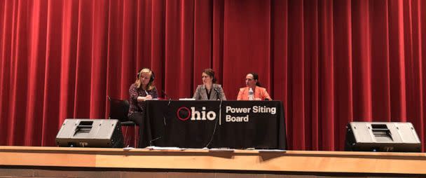 PHOTO: Officials from the Ohio Power Siting Board preside over a public hearing in the auditorium at Circleville High School in Circleville, Ohio. (Dan Gearino)