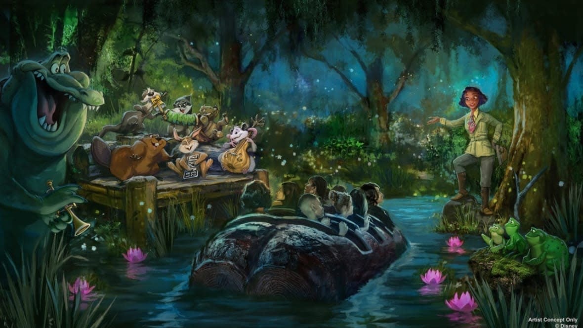 The moment guests first drop into the bayou on the upcoming Disney Parks attraction “Tiana’s Bayou Adventure” is depicted in this artist’s rendering. The adventure will debut in 2024 at Walt Disney World and Disneyland. (Disney)