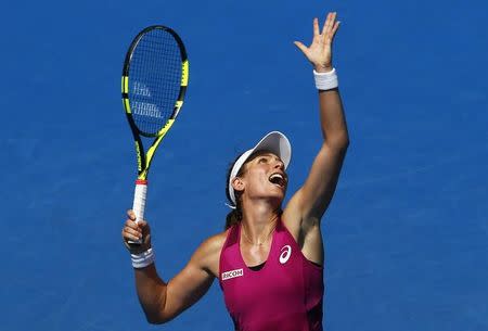 Britain's Johanna Konta serves during her semi-final match against Germany's Angelique Kerber at the Australian Open tennis tournament at Melbourne Park, Australia, January 28, 2016. REUTERS/Jason O'Brien Action Images via Reuters