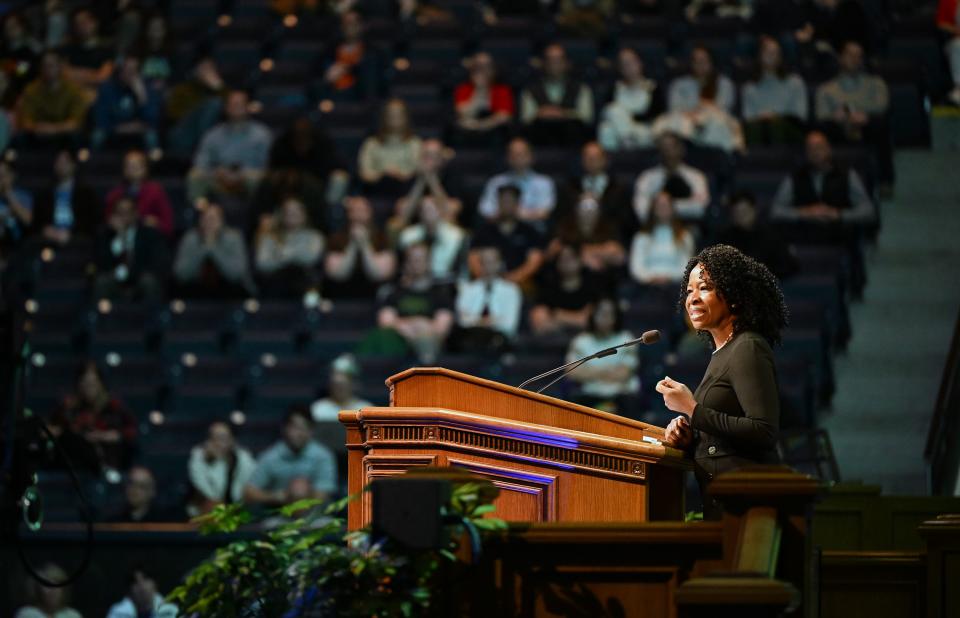 Ruth L. Okediji, a Harvard law professor and renowned scholar in international intellectual property law, speaks at the BYU Forum at the Marriott Center in Provo on Tuesday, Jan. 30, 2024. | Scott G Winterton, Deseret News