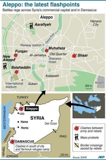 Map locating fighting between army and rebels in Aleppo, Syria's commercial hub