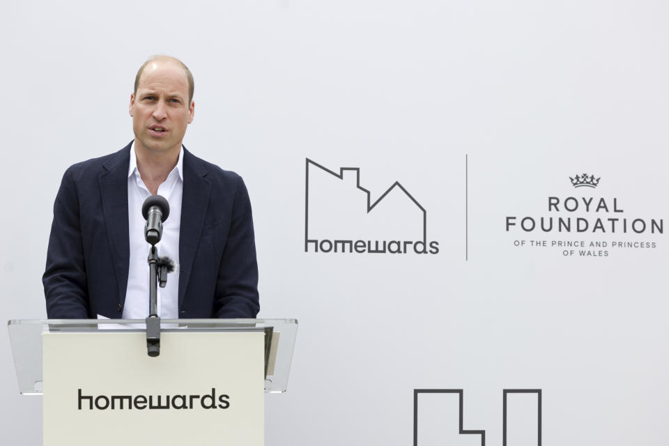 Britain's Prince William speaks during a visit to Mosaic Clubhouse in Lambeth, which supports people living with mental health conditions across Lambeth, as part of his tour of the UK to launch a project aimed at ending homelessness, in London, Monday, June 26, 2023. (Chris Jackson/PA via AP)