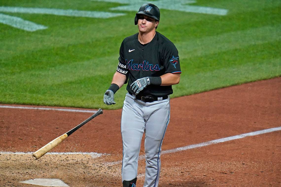 Miami Marlins’ JJ Bleday tosses his bat after being walked by Pittsburgh Pirates relief pitcher David Bednar during the ninth inning of a baseball game in Pittsburgh, Saturday, July 23, 2022. It was Bleday’s first major league at-bat.