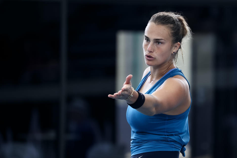 Pictured here, Aryna Sabalenka reacting during a point at the 2022 Adelaide International.