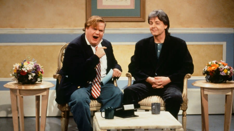 Chris Farley acts alongside Paul McCartney in a sketch during a 1993 episode of "Saturday Night Live." (Getty Images)