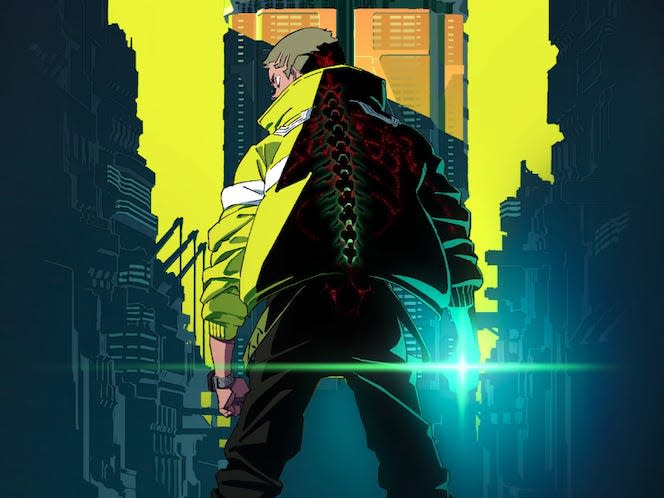 a boy wearing a large jacket and baggy panks, there's a flashing light in his right hand and his back is to the viewer. in front of him is a tall building and a neon sky. it's a promo image for cyberpunk edgerunners