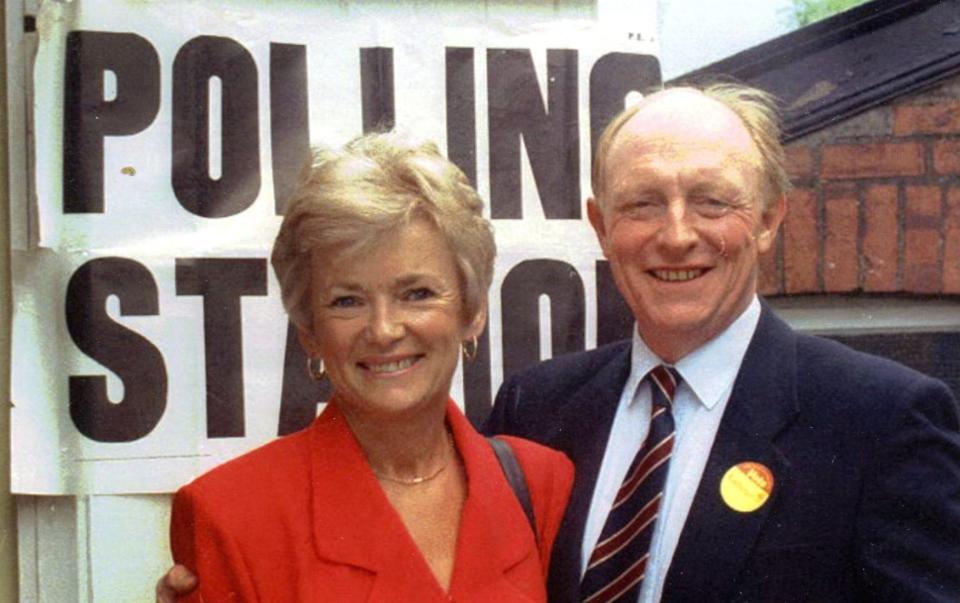 Glenys and Neil Kinnock prepare to cast their votes in Pontllanfraith, Gwent