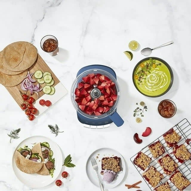 overhead view of the blue Cuisinart food processor