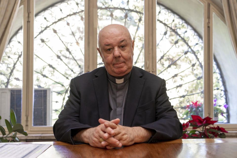 Prefect of the Archivio Apostolico Vaticano, Bishop Sergio Pagano speaks in his office at The Vatican, Wednesday, Feb. 14, 2024, during an interview with The Associated Press. In a new book-length interview with Italian journalist Massimo Franco, “Secretum”, Pagano divulges some of the unknown or behind-the-scenes details of well-known sagas of the Holy See and its relations with the outside world over the past 12 centuries. From Napoleon’s sacking of the archive in 1810 to the Galileo affair and the peculiar conclave of 1922 that was financed almost entirely by donations from U.S. Catholics. (AP Photo/Domenico Stinellis)