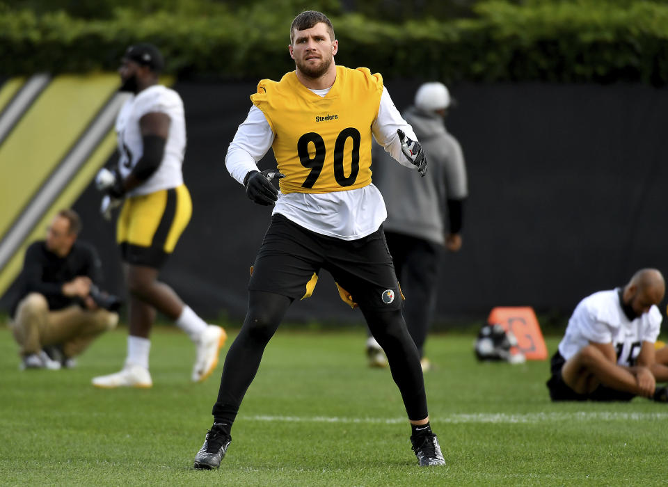 Pittsburgh Steelers linebacker T.J. Watt warms up during the NFL football team's practice Thursday, Sept.. 9, 2021, in Pittsburgh. (Matt Freed/Pittsburgh Post-Gazette via AP)