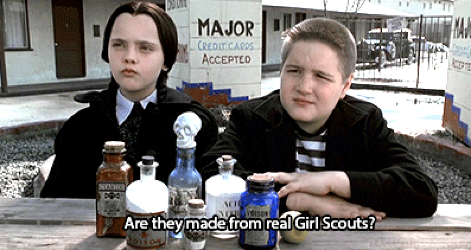 kids at a booth saying, are they made from real girl scouts
