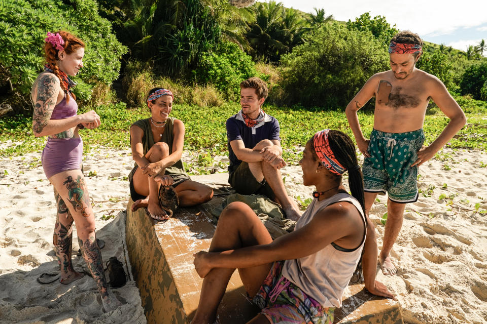 (L-R): Kenzie Veurink, Maria Gonzalez, Charlie Davis, Tiffany Ervin, and Ben Katzman on Survivor 46 (Photo by Robert Voets/CBS via Getty Images)