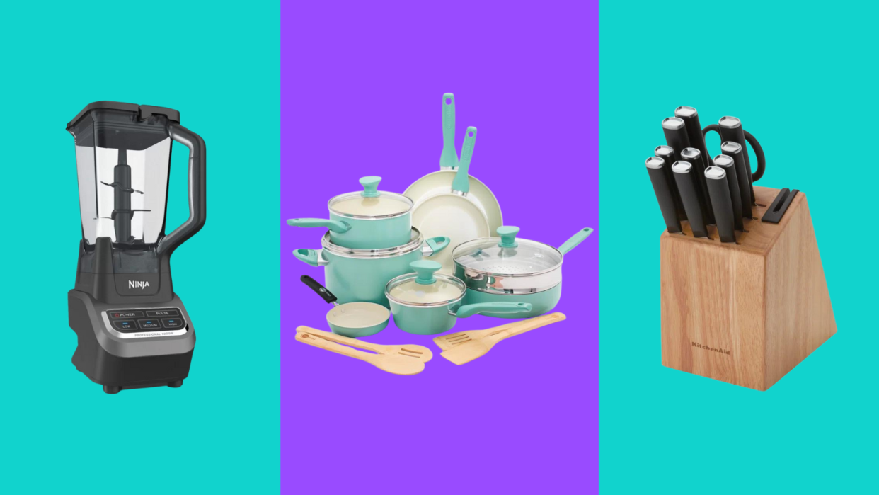 Wayfair kitchen items: Ninja blender, GreenPan cookware set, KitchenAid knife set