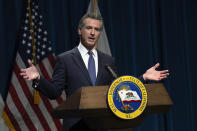 California Gov. Gavin Newsom discusses his proposed state budget for the 2024-2025 fiscal year, during a news conference in Sacramento,Calif., Wednesday, Jan. 10, 2024. (AP Photo/Rich Pedroncelli)