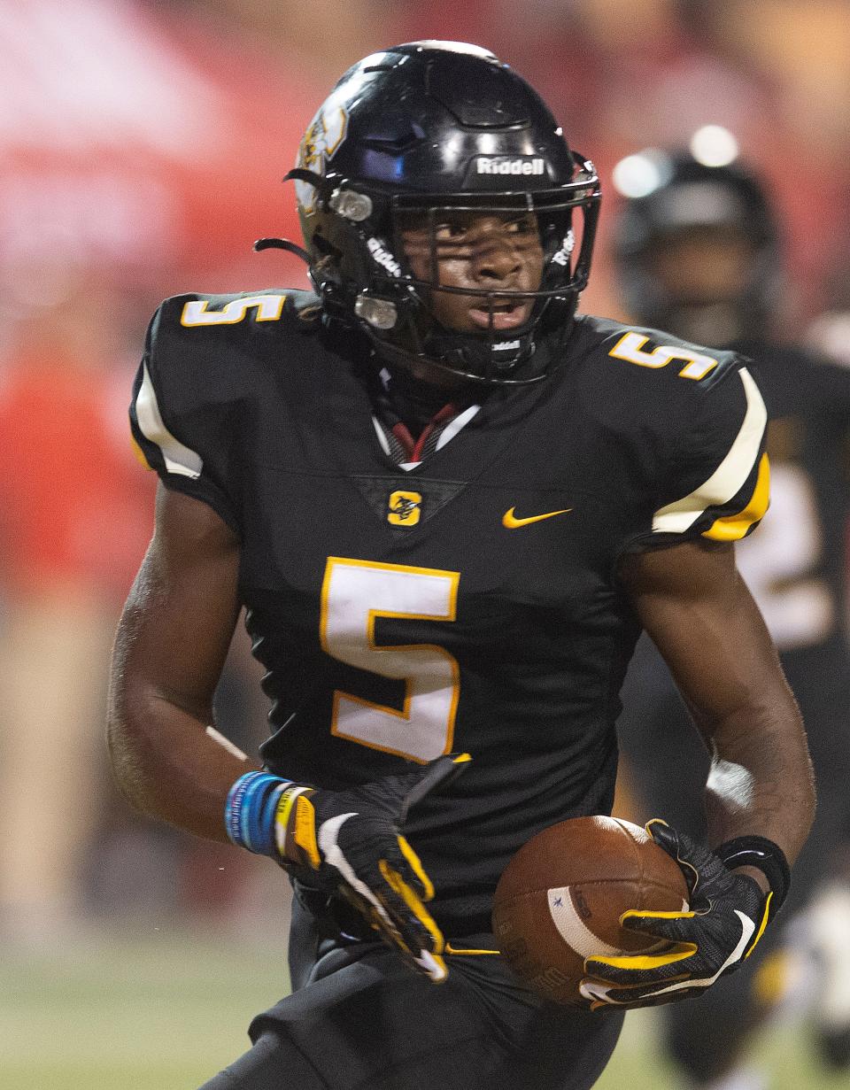 Starkville wide receiver Stonka Burnside runs against the Brandon Bulldogs during the MHSAA 6A State Championship Gridiron Classic at M.M. Roberts Stadium at the University of Southern Mississippi in Hattiesburg, Miss., Saturday, Dec. 3, 2022.