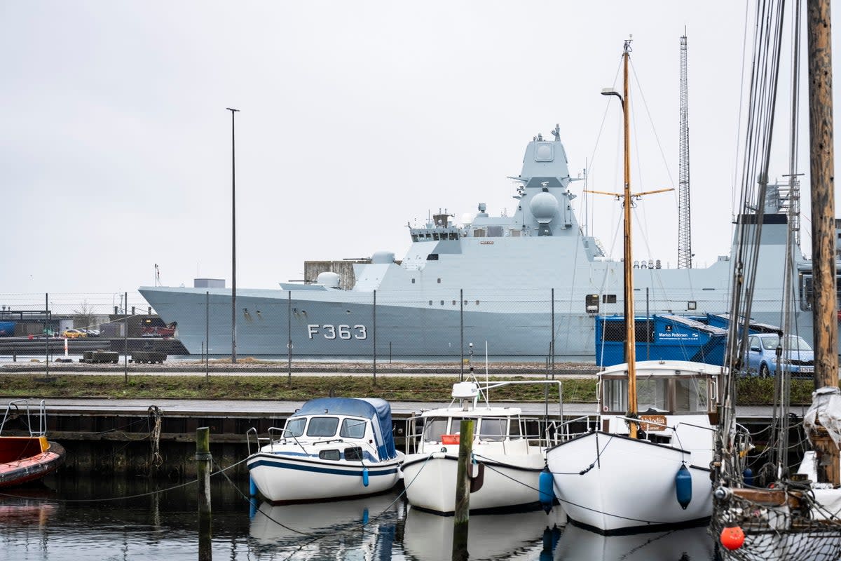 The Danish naval frigate ‘Niels Juel’ docked in Korsoer yesterday following the failed missile test  (EPA)