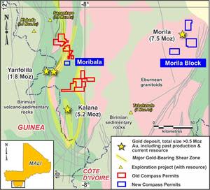 Property map showing the location of Compass’s new Moribala and Morila permits.