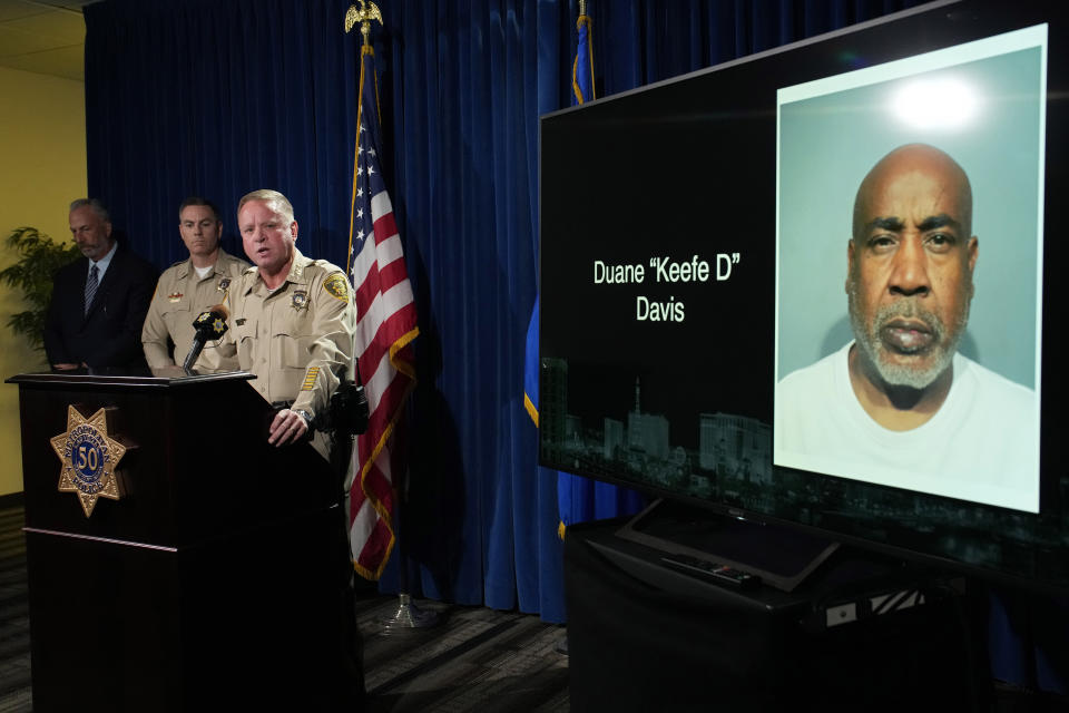 Las Vegas Sheriff Kevin McMahill speaks during a news conference on an indictment in the 1996 murder of rapper Tupac Shakur, Friday, Sept. 29, 2023, in Las Vegas. (AP Photo/John Locher)