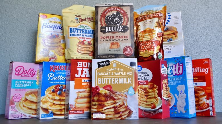 Assorted pancake mix boxes arranged