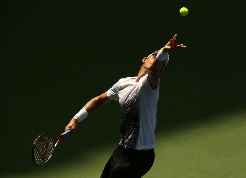 Kevin Anderson, of South Africa, serves to Dominic Thiem, of Austria, during the fourth round of the U.S. Open tennis tournament, Sunday, Sept. 2, 2018, in New York. (AP Photo/Andres Kudacki)