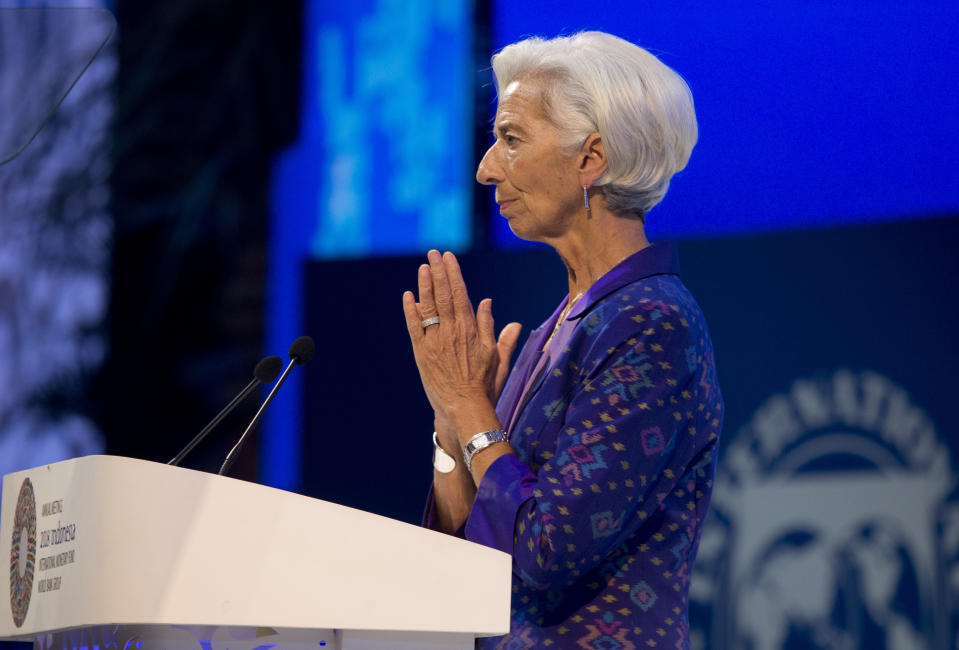 Managing Director of International Monetary Fund (IMF) Christine Lagarde delivers her speech during the opening of International Monetary Fund (IMF) World Bank annual meetings in Bali, Indonesia on Friday, Oct. 12, 2018. (AP Photo/Firdia Lisnawati)