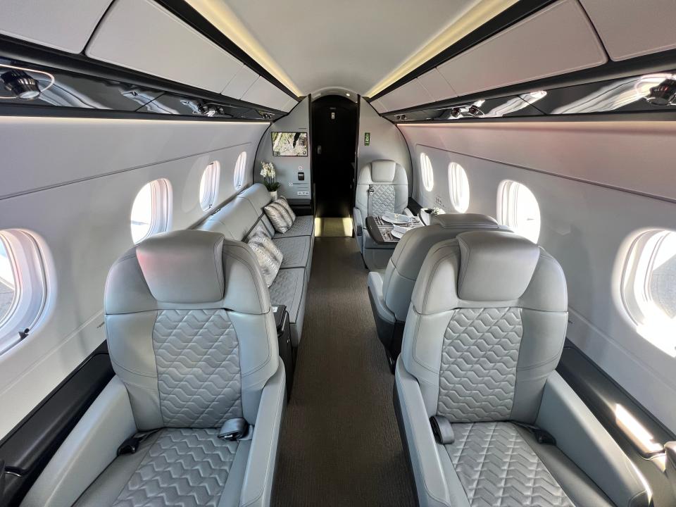 The cabin as viewed from the aisle of an Embraer Praetor 600