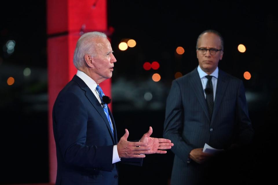 Democratic presidential nominee and former Vice President Joe Biden participates in an NBC Town Hall event hosted by Lester Holt at the Perez Art Museum in Miami, Florida on October 5, 2020 (AFP via Getty Images)