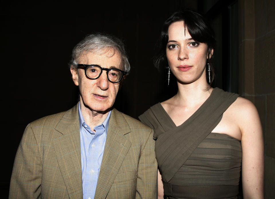 Rebecca Hall (right) poses with director Woody Allen at a film festival in Spain in September 2008. (Walter McBride via Getty Images)