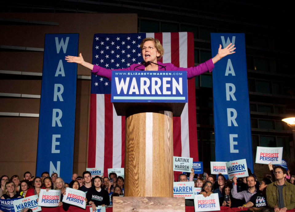 <div class="inline-image__caption"><p>Democratic White House hopeful Massachusetts Senator Elizabeth Warren speaks to her supporters during a campaign rally on the eve of the California Democratic Primary in Monterey Park, east of Los Angeles, California on March 2, 2020</p></div> <div class="inline-image__credit">MARK RALSTON/AFP via Getty Images</div>