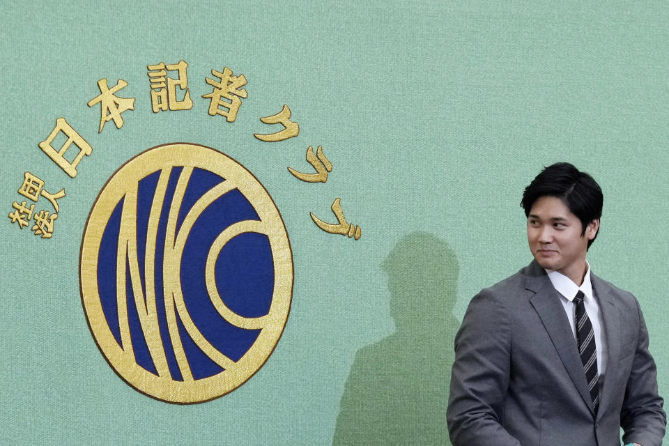 Los Angeles Angels' Shohei Ohtani attends a press conference at the Japan National Press Club Monday, Nov. 15, 2021, in Tokyo. (AP Photo/Eugene Hoshiko)