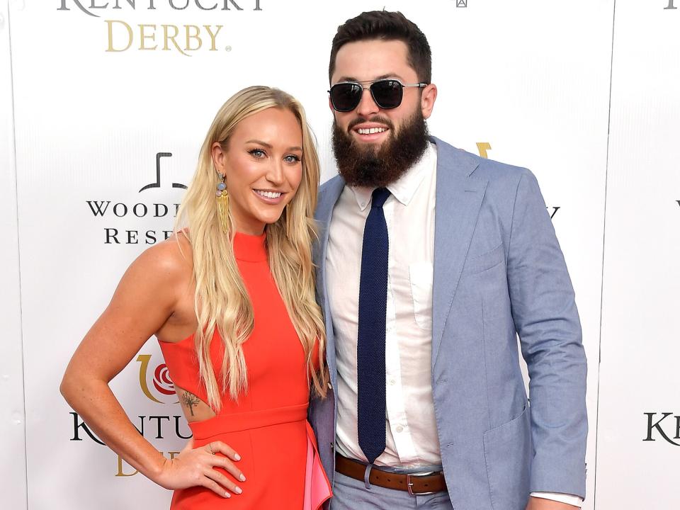 Emily Wilkinson and Baker Mayfield attend the 145th Kentucky Derby at Churchill Downs on May 04, 2019 in Louisville, Kentucky