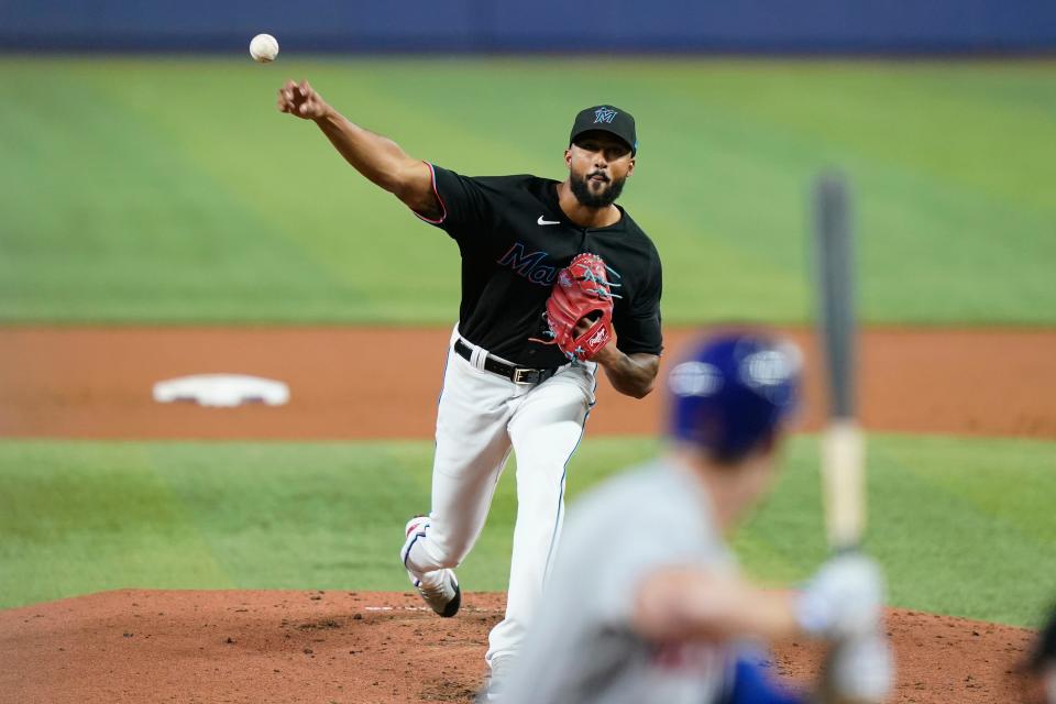 Miami Marlins starting pitcher Sandy Alcantara throws to New York Mets' Mark Canha during the second inning of a baseball game Friday, June 24, 2022, in Miami.