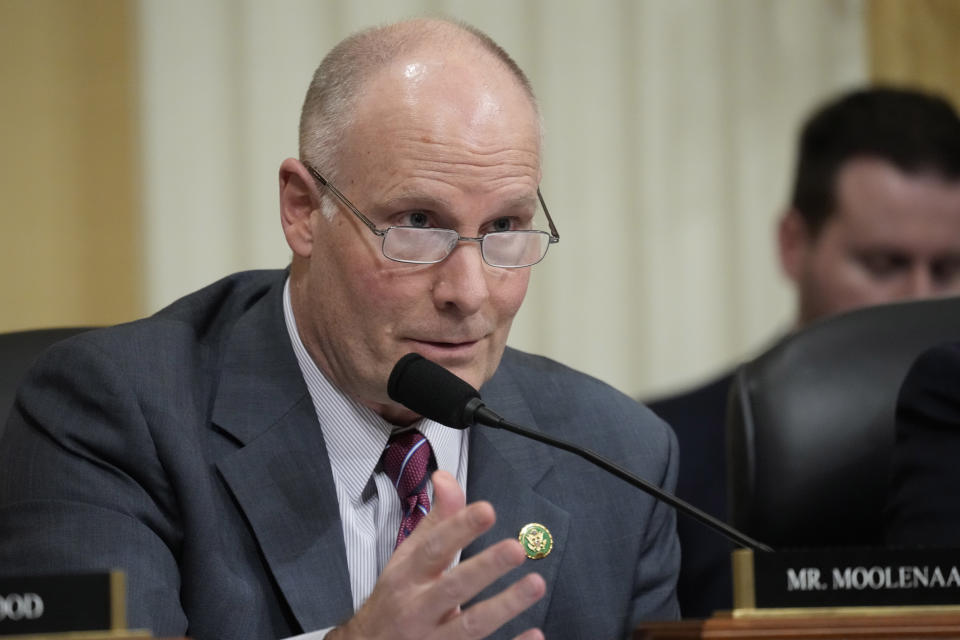 FILE - Rep. John Moolenaar, R-Mich., questions witnesses during a hearing on Capitol Hill, Feb. 28, 2023, in Washington. Moolenaar, chairman of the House Select Committee on China, is leading the charge against Michigan Gov. Gretchen Whitmer's plan to bring a Chinese lithium-ion battery company to Big Rapids, Mich. Chinese businesses are coming to the U.S. with money, jobs and technology, only to find rising suspicion at a time of an intensifying U.S.-China rivalry that has spread into the business world. (AP Photo/Alex Brandon, File)