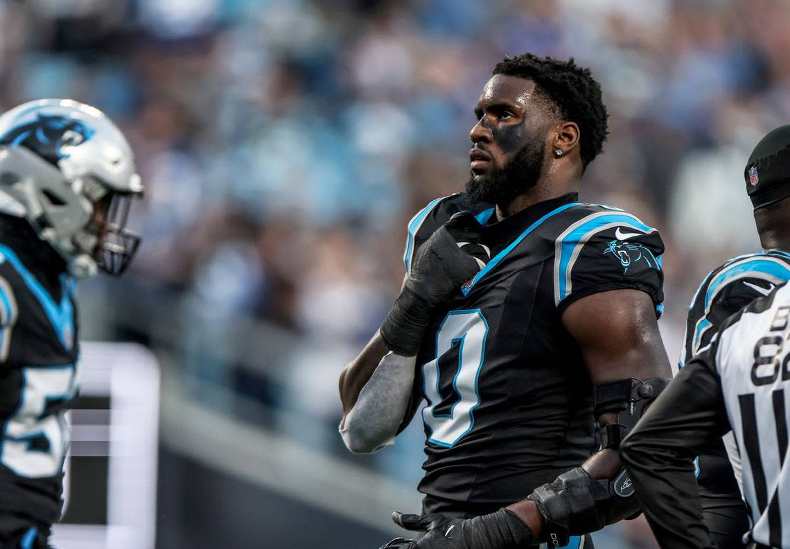Carolina Panthers linebacker Brian Burns looks up during a timeout against the Indianapolis Colts at the Bank of America Stadium in Charlotte, N.C., on Sunday, November 5, 2023.