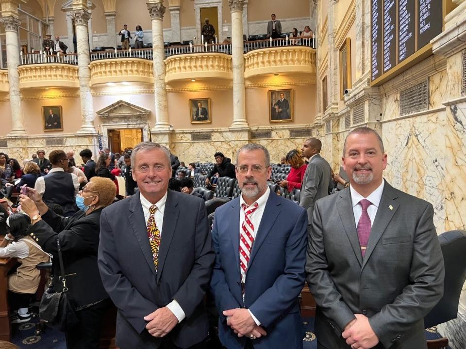 From left to right, Dels. Terry Baker, Bill Wivell, and William Valentine, the three Republican delegates who represent portions of Washington County, stand on the House floor in Annapolis, Maryland after being sworn in on the first day of the legislative session, Jan. 11, 2023. Not pictured here is Democratic Del. Brooke Grossman, also of Washington County, who said earlier in the day securing funding for a field house in Hagerstown was a top priority.