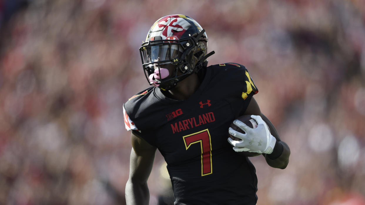 Maryland wide receiver Dontay Demus Jr. scores a touchdown against Kent State in the first half of an NCAA college football game Saturday, Sept. 25, 2021, in College Park, Md. (AP Photo/Gail Burton)