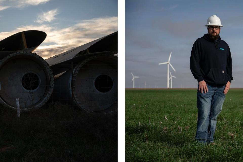 Left: Discarded blades from wind turbines sit stacked in a field with other scrap on March 4, 2024, in Sweetwater. Right: RWE Site Lead Justin Shaw introduces local students to the idea of a future in the wind industry in the region.