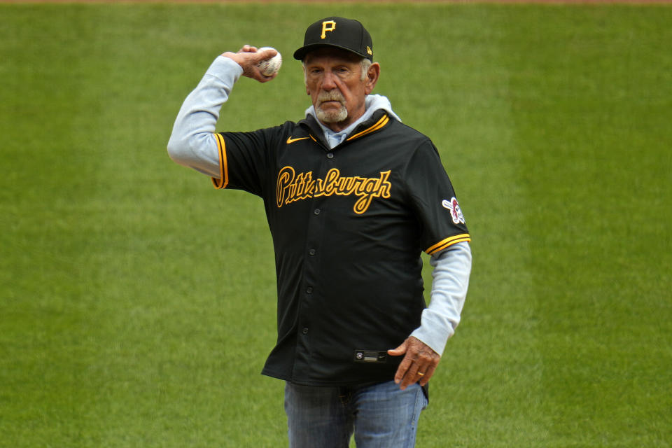 Former Pittsburgh Pirates manager Jim Leyland throws out the ceremonial first pitch before the Pirates' home-opener baseball game against the Baltimore Orioles in Pittsburgh, Friday, April 5, 2024. Leyland will be inducted into the Baseball Hall of Fame this year. (AP Photo/Gene J. Puskar)