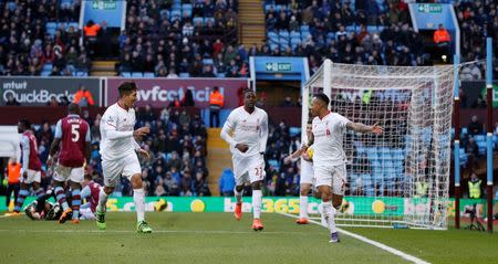 Football Soccer - Aston Villa v Liverpool - Barclays Premier League - Villa Park - 14/2/16 Nathaniel Clyne celebrates scoring the fifth goal for Liverpool Reuters / Phil Noble Livepic