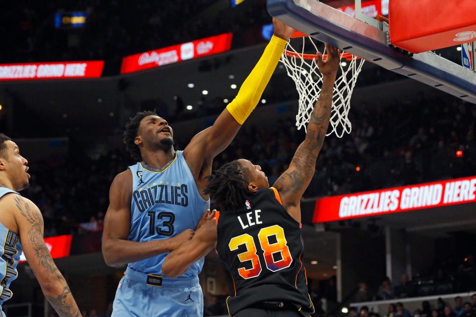 Memphis Grizzlies forward Jaren Jackson Jr. (13) blocks the shot of Phoenix Suns guard Saben Lee at FedExForum.