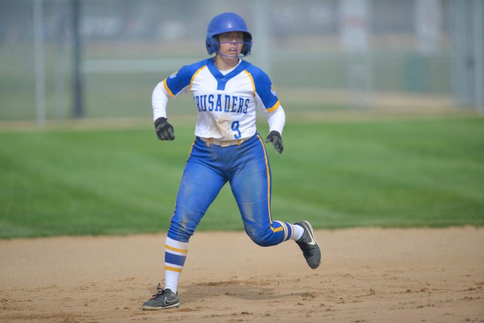 Cathedral's Kailee Falconer takes a secondary lead at second base as No. 1 Cathedral faced off against No. 5 Holdingford in the Section 6-2A softball quarterfinals on Thursday, May 26, 2022, at Rivers Edge Park in Waite Park.