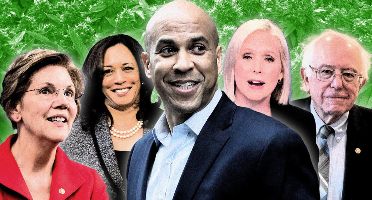 Elizabeth Warren, Kamala Harris, Cory Booker, Kristen Gillibrand and Bernie Sanders. (Photo illustration: Yahoo News; photos: AP)