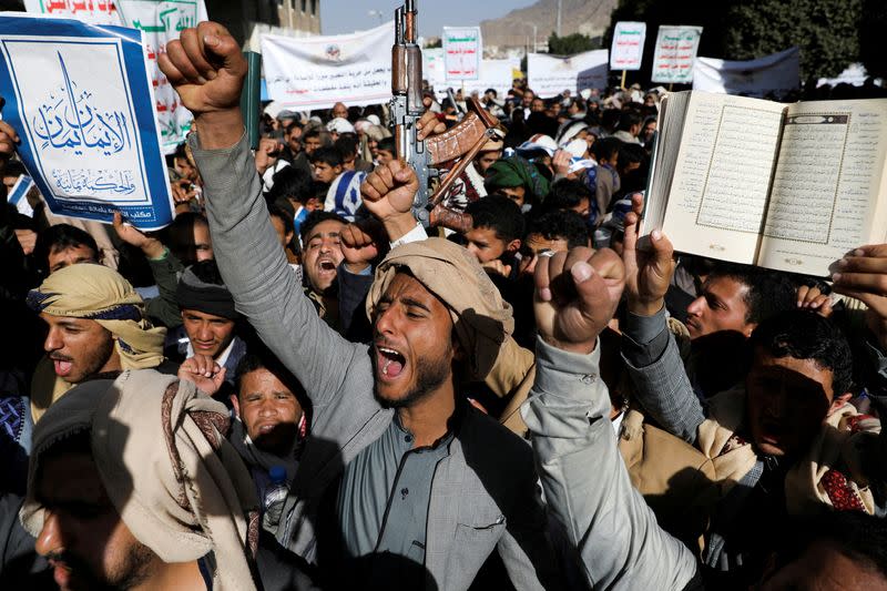 FILE PHOTO: Houthi supporters rally to denounce the burning of a copy of the holy Koran during Sweden protests, in Sanaa