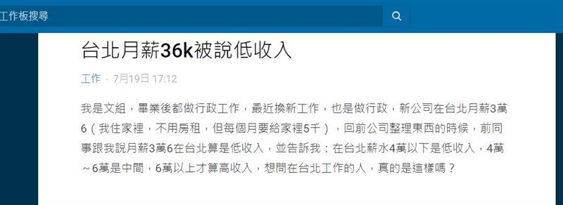 原PO月薪36K，卻被前同事嫌說「在台北算是低收入」。（圖／翻攝自Dcard）