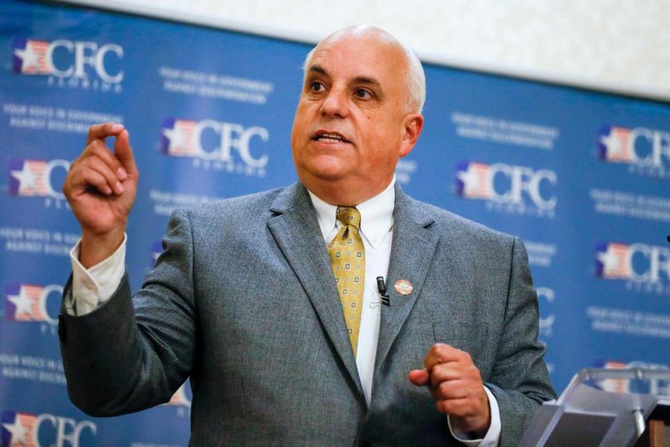 Founder and Christian Family Coalition Florida Executive Director Anthony Verdugo celebrates the U.S. Supreme Court’s ruling overturning Roe v. Wade during the Miami-Dade Legislative Victory & Candidates Breakfast at the Intercontinental Hotel in Doral, Florida, Saturday, June 25, 2022.