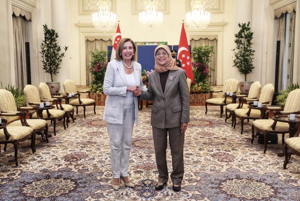 House Speaker Nancy Pelosi and Singapore President Halimah Yacob during Pelosi's Asia tour