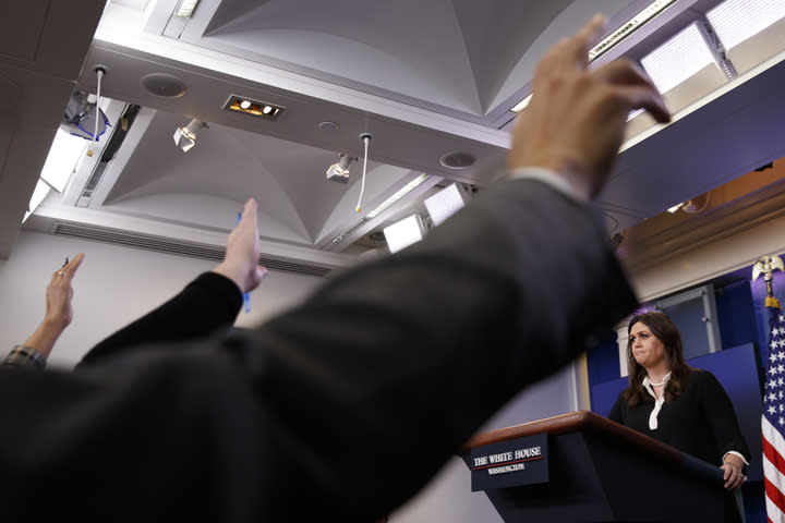 White House deputy press secretary Sarah Huckabee Sanders calls on a reporter during the daily press briefing June 29, 2017, in Washington. (AP Photo/Evan Vucci)