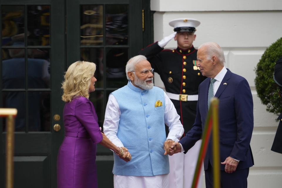 President Joe Biden and First Lady Jill Biden welcome Narendra Modi, the Prime Minister of India, during a state visit at the White House on June 21, 2023.