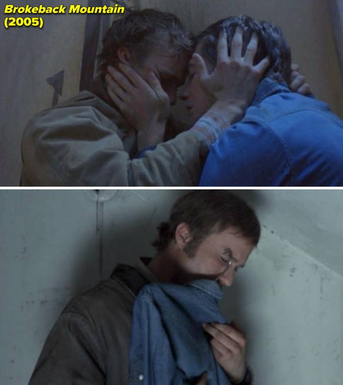 Jack and Ennis embracing juxtaposed with Ennis holding Jack's shirt after he's dead